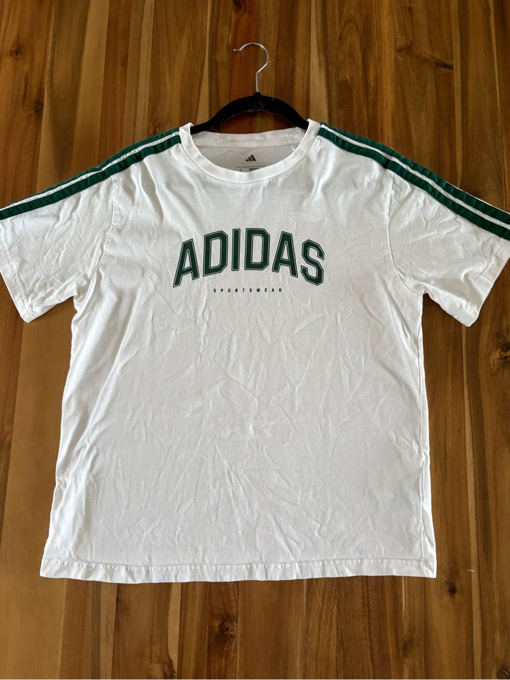 adidas White T-Shirt with Green Logo & Shoulder Stripes